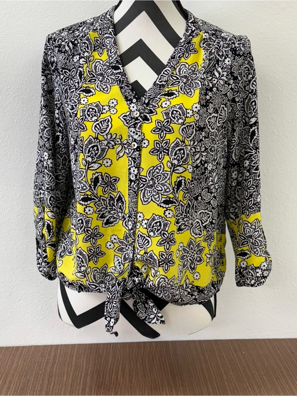 Ruby Rd. Yellow and Black Floral Tie-Hem V-Neck Blouse